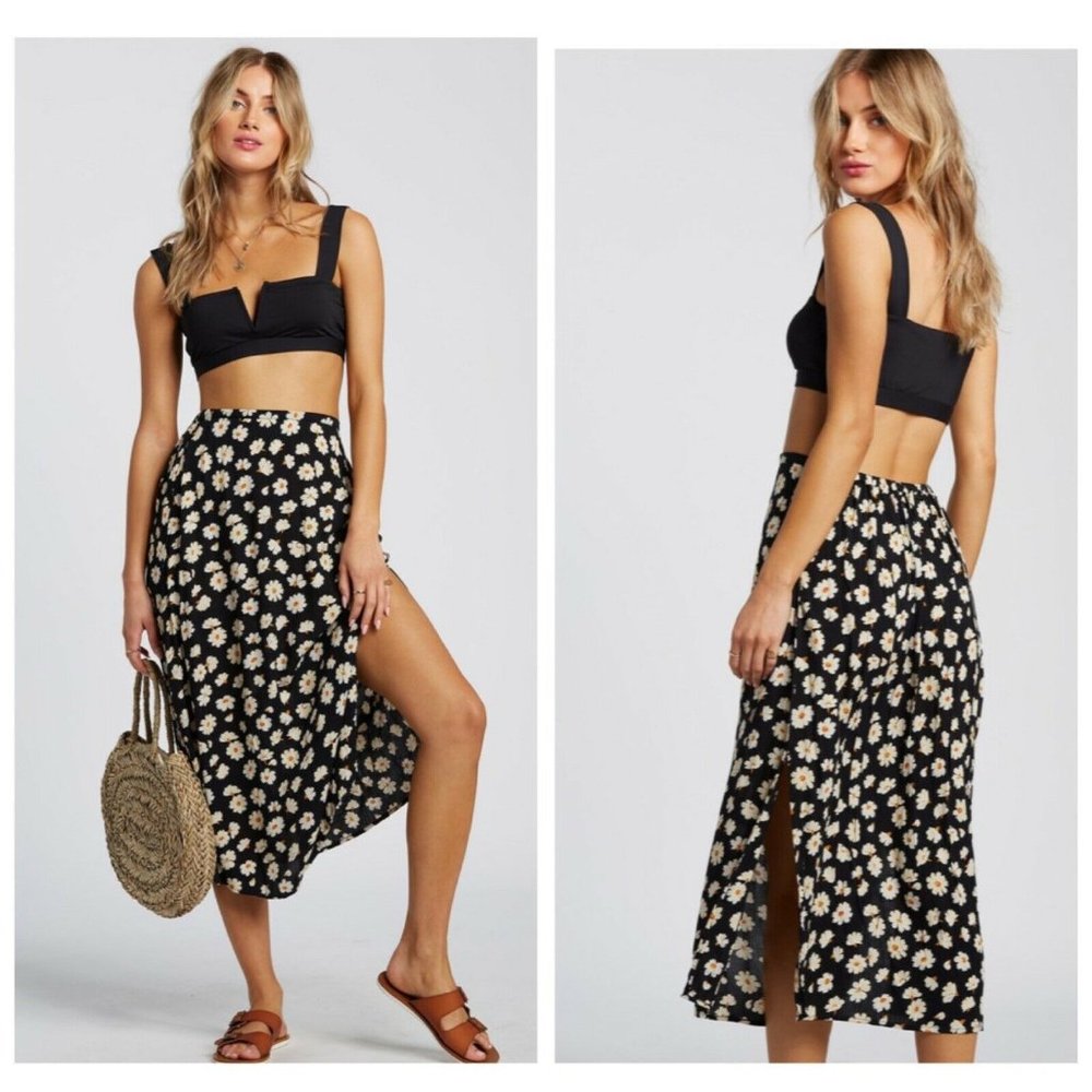 BILLABONG Floral Side Slits Pull On Midi Skirt
